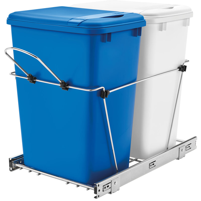 Double Sliding Pull-Out Waste Bin Containers, Blue/White, 19.25" H x 14.38" W x 22" D, 8.75
