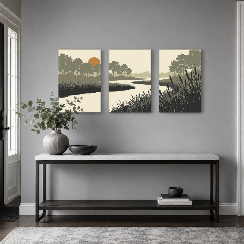 Ensemble de 3 toiles murales « Soleil orangé sur rivière sinueuse et arbres », 24"H x 16"W x 3pcs