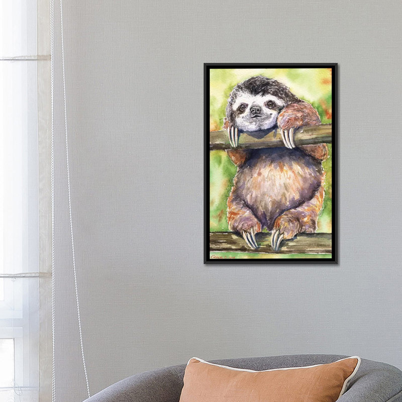 Paresseux, reproduction sur toile, H 26 po x l 18 po x P 1,5 po, Toile encadrée noire, Pas de tapis