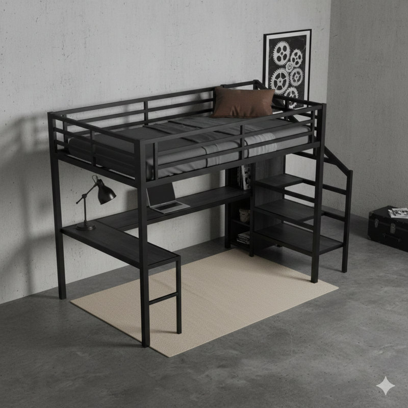 Lit mezzanine double en métal noir avec bureau en L, ports USB, garde-robe, tablettes réglables et éclairage à DEL intégré pour tous les âges