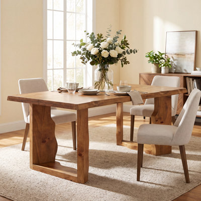 63-Inch Live Edge Wood Dining Table, Modern Farmhouse Kitchen Table with Curved Sculpted Legs for 4-6