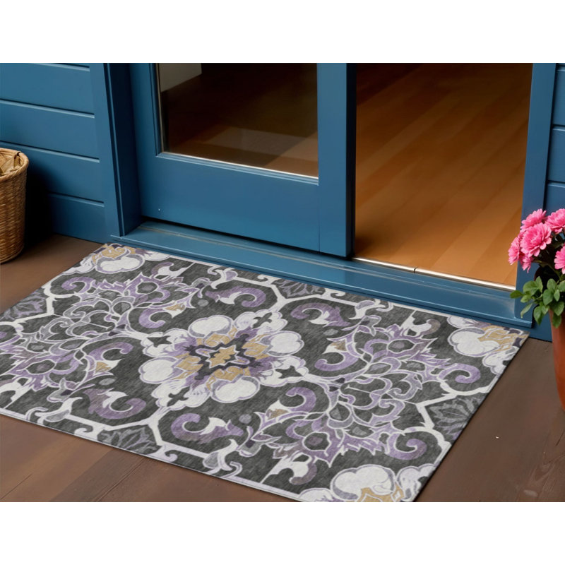 3' X 5' Purple And Charcoal Damask Washable Indoor Outdoor Area Rug