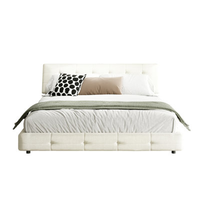 Structure de lit, tête de lit capitonnée avec coussin extra-large ultra doux, lit plateforme en chenille avec support double en lattes de métal et de bois