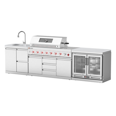 Îlot de cuisine d'extérieur modulaire 3 pièces VESTIVium - Barbecue au gaz à 6 brûleurs avec brûleur latéral et rôtissoire infrarouge arrière, ensemble de rangement pour évier et tiroir, 4,1 pieds Pi. Réfrigérateur, comptoir en quartz blanc, acier inoxydable (LP)