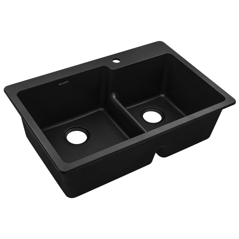Ruvati 33 x 22 inch epiGranite Drop-in Topmount Granite Composite Quartz Double Bowl Kitchen Sink, Midnight Black