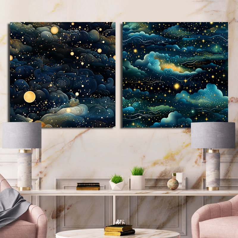 Midnight Indigo Galatic - ensemble de 2 collages carrés abstraits, H 36 po x l 73 po, Toile tendue
