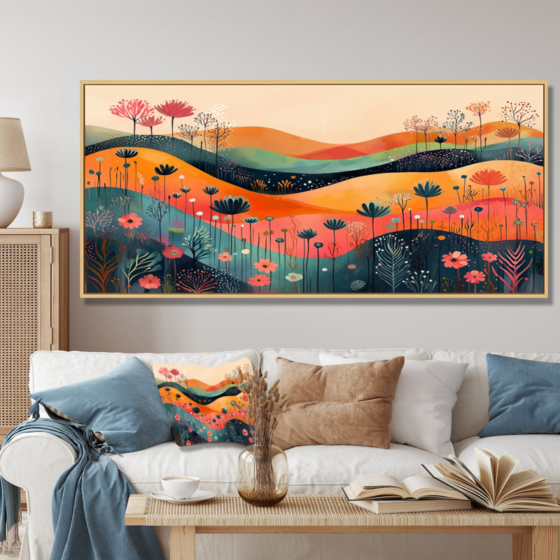 «Gianella Pastel Colors of Desert Blossom Landscape II - Abstract Botanicals», art mural, H 28 po x l 60 po, Floater Framed
