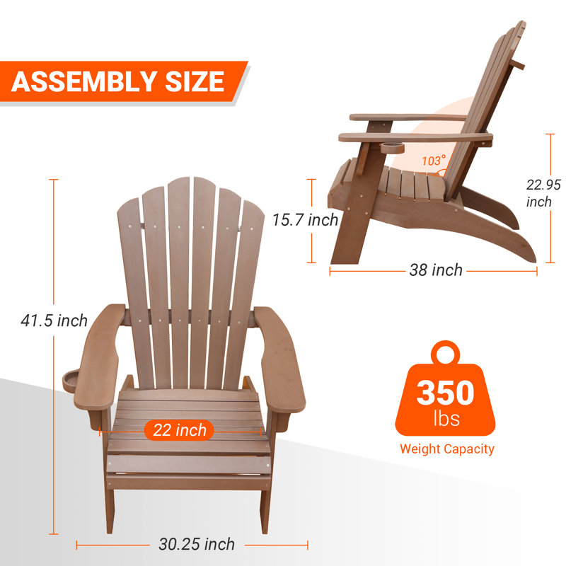 Oversized High Density Polyethylene Adirondack Chair with Cup Holder, Weather Resistant Patio Chair, Brown