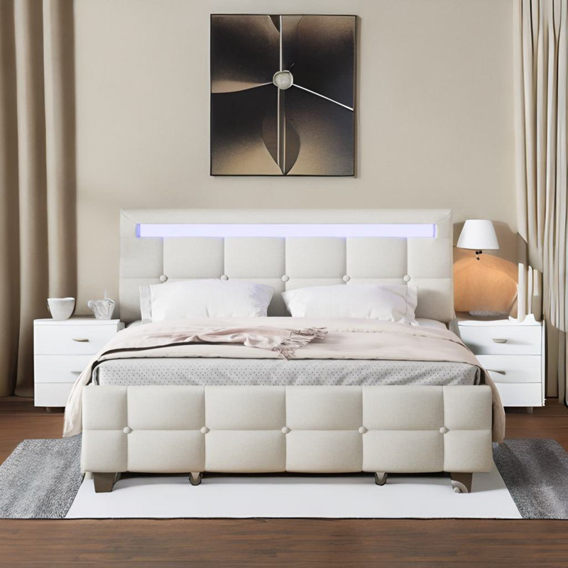 Lit plateforme tapissier avec rangement Duffey, Grand, Beige