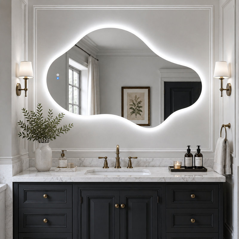 Asymmetrical Frameless LED Mirror with Anti-Fog,Three Color Lighting designed for bathroom vanity and home decor, 27" x 48"