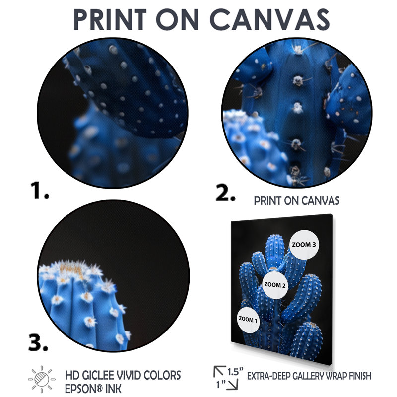 Cactus bleu clair et noir clair de lune - Cactus floral, Toile avec cadre flottant noir, H 44 po x l 34 po x P 1,5 po