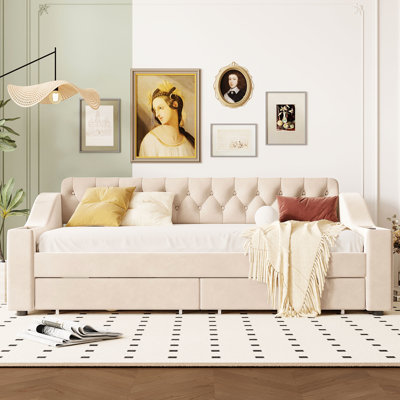 Lit de jour simple avec rangement pour accoudoirs et aspect beige rembourré