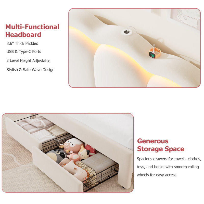 Daphne LED Upholstered Bed Frame with Drawer for Kids