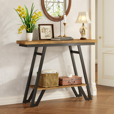 40.5" Narrow Industrial Console Table, 2-Tier Metal Frame，Rustic Brown+Black