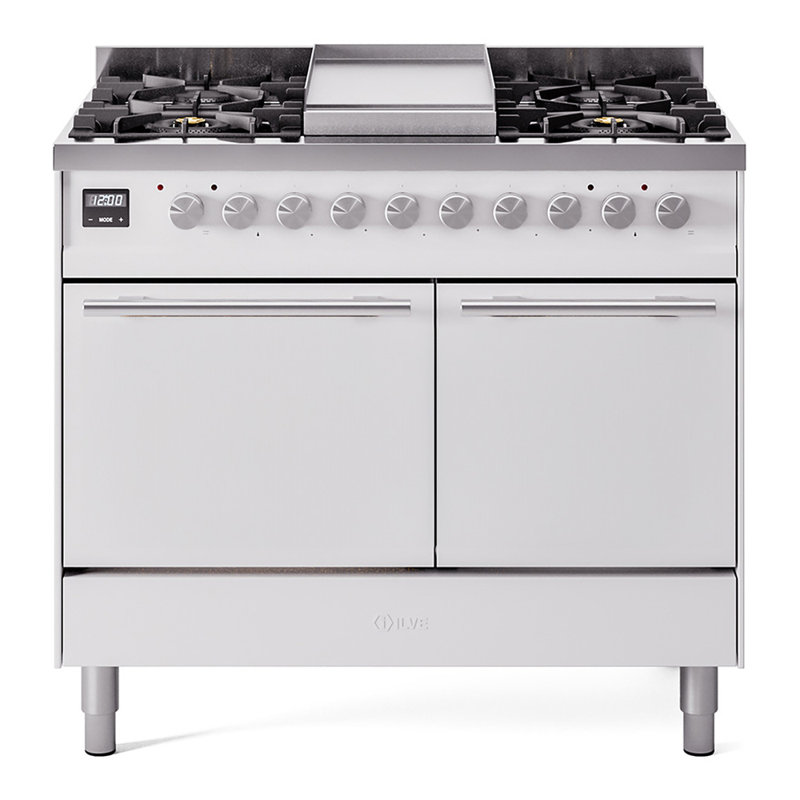 Cuisinière ILVE Professional Plus II Series 40 pouces à double combustible avec 6 brûleurs scellés et plaque de cuisson (blanche)