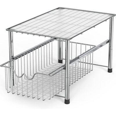 Stackable Under-Sink Organizer With Sliding Basket, Chrome Cabinet Storage For Kitchen, Bathroom, And Pantry