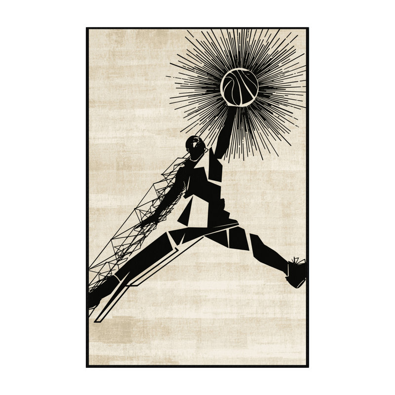 Machine Washable Cain Basketball Dunk Bold & Eclectic Modern Geometric Rug in Beige – Black Binding, 5x7
