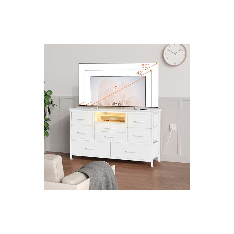 8 Drawer TV Stand for 55" TV, Wood Top Console Table with 22 Light Modes, Wide Storage Chest with Power Outlets for Bedroom, Living Room