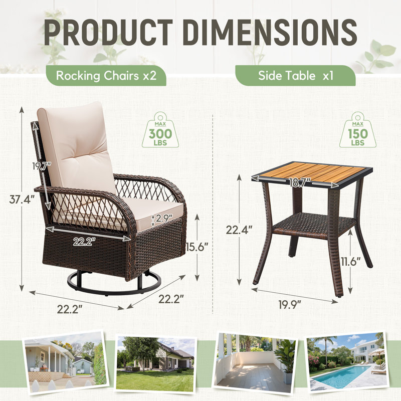 3 Piece Outdoor Wicker Swivel Chair Set with Side Table & Cushions