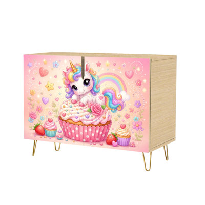 Sideboard Buffet Cabinet with Concealed Storage 2 Doors Cute Cupcake Rainbow Colorful Decorations Multiuse Cabinet for Living Room, Kitchen and Coffee Bar