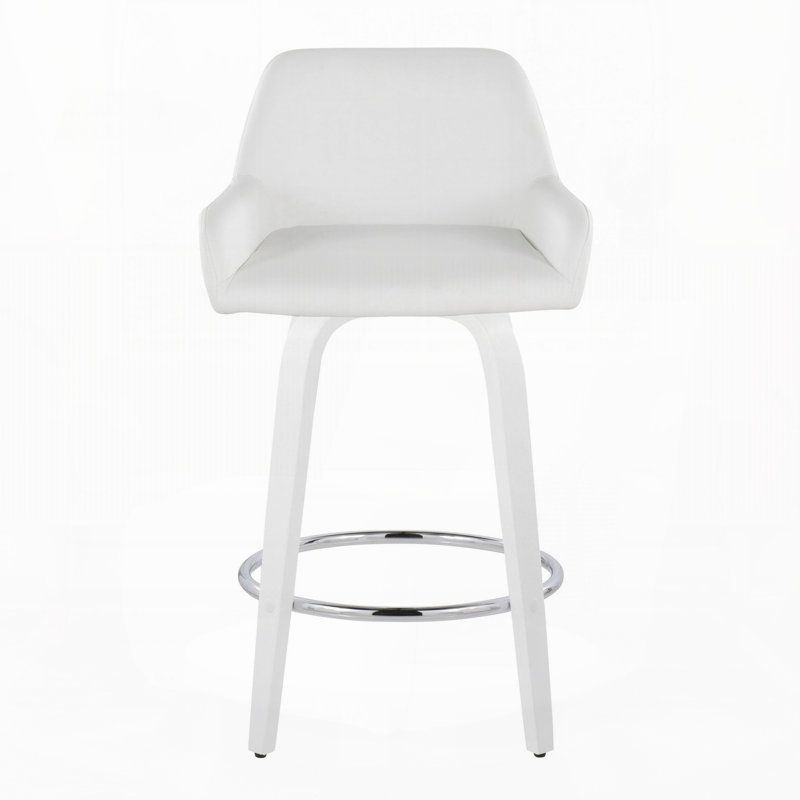 Tabouret de bar pivotant à hauteur fixe en bois blanc et similicuir blanc avec repose-pieds ronds chromés, lot de 2