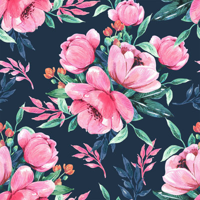 Dark Blue Wallpaper with Pink Flowers Pre-Pasted Vinyl Floral