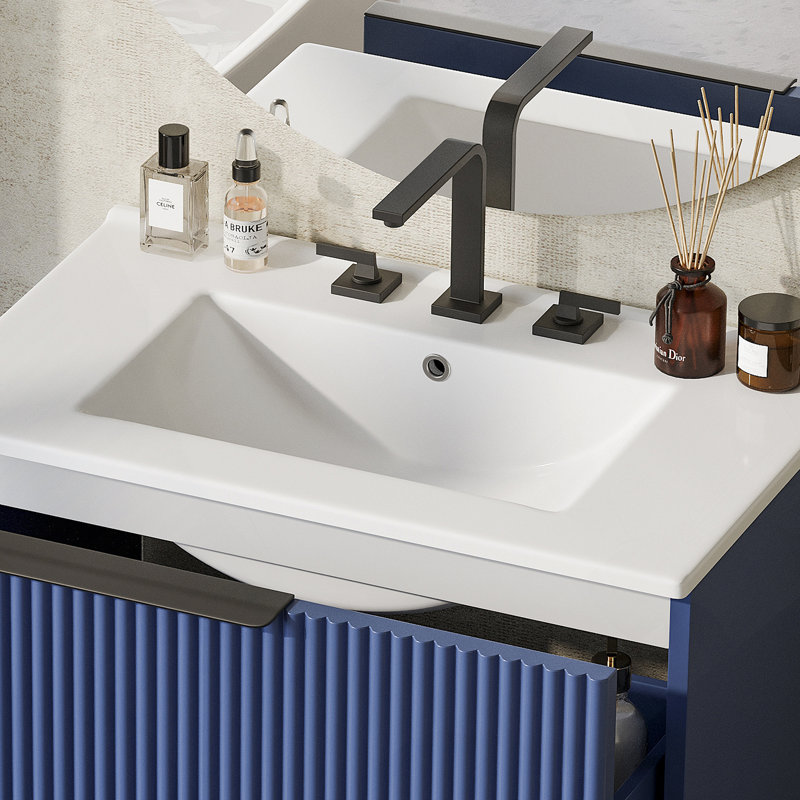 Meuble-lavabo autoportant avec lavabo en céramique et tiroirs pleine extension, glissières de tiroir à fermeture en douceur et conception cannelée pour une salle de bain moderne