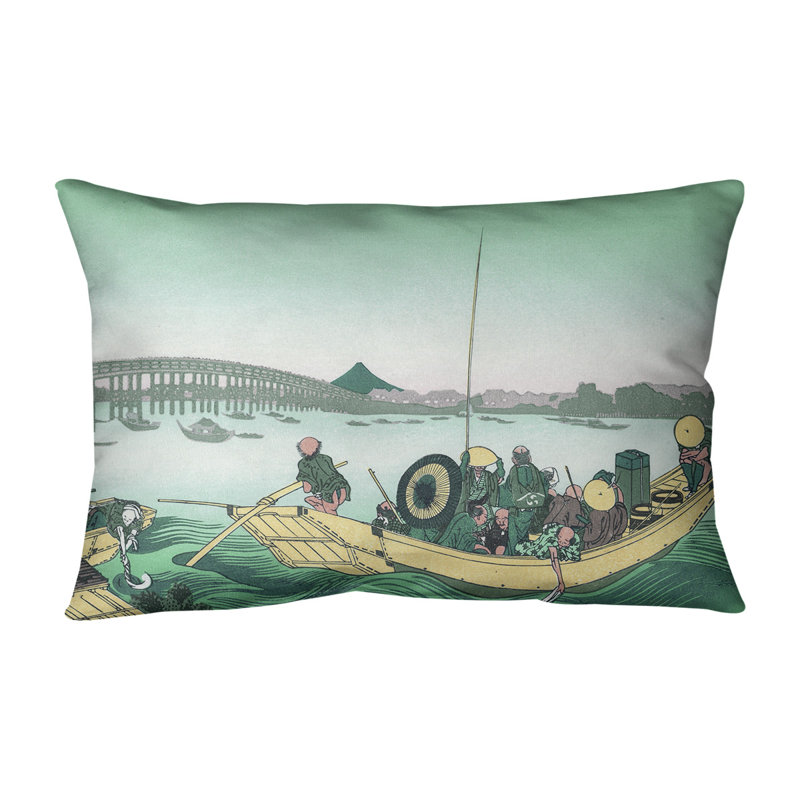 Coussin lombaire en lin coucher de soleil à travers le ryogoku bridge, Vert