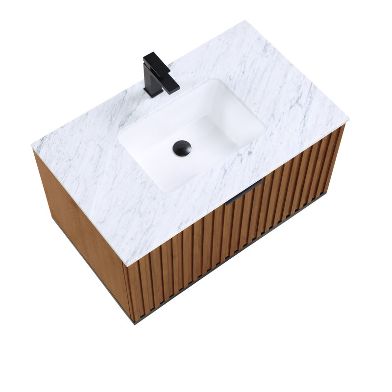 Terra 36'' W Single Vanity, Walnut, Carrara Marble/Single Faucet Mount, Matte Black