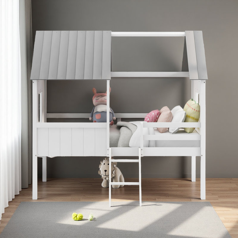 Twin Size Low Loft Wood House Bed With Two Side Windows, White/Gray