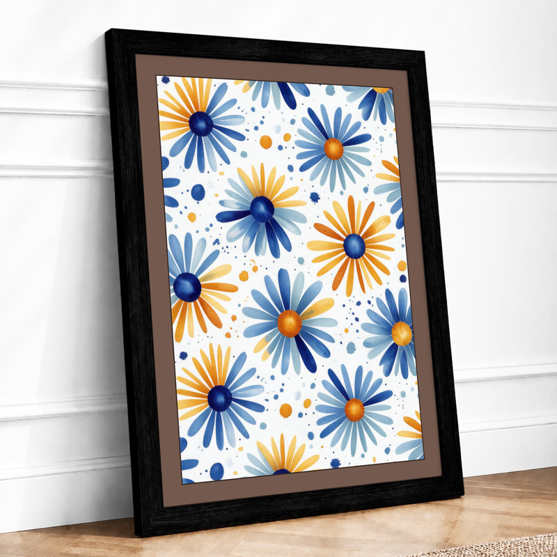 Daisy Bloom Pattern Botanical - Framed Print, A2 - 59.4 x 42.0 cm, Black