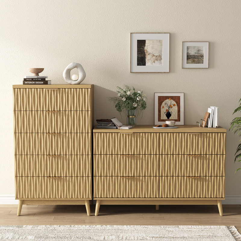 Ensemble de chambre à coucher 2 pièces Water Ripple: commode large à 6 tiroirs et commode haute à 5 tiroirs
