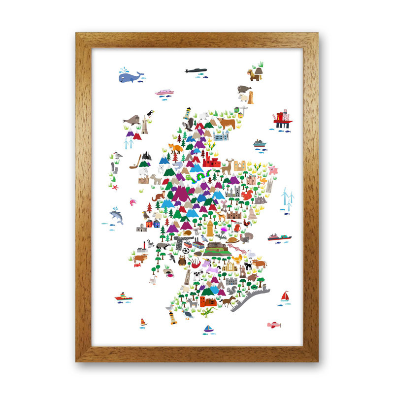 Animal Map Of Scotland Nursery by Michael Tompsett - Print, 46cm H x 34cm W x 3cm D, Brown Framed