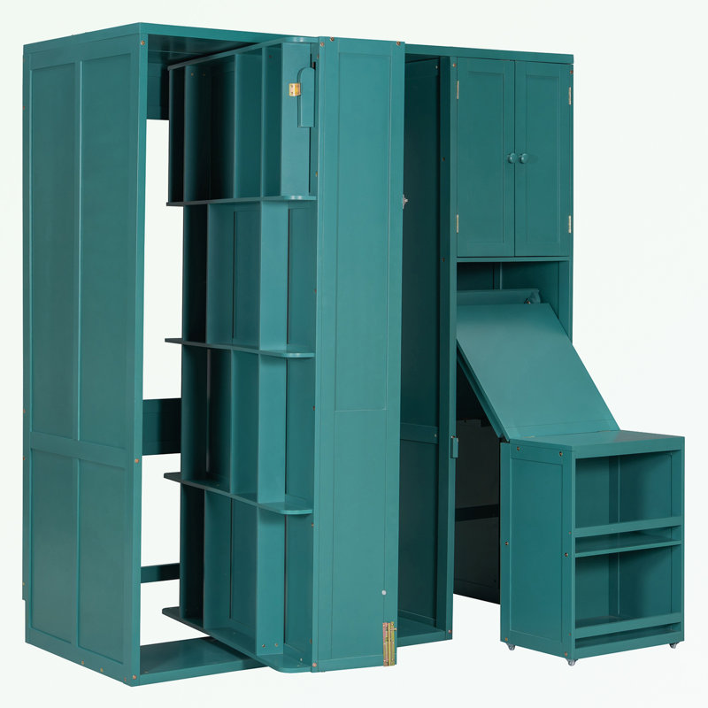 Lit escamotable mural simple avec bibliothèque, armoire supérieure, bureau extensible et rangement latéral, Bleu sarcelle