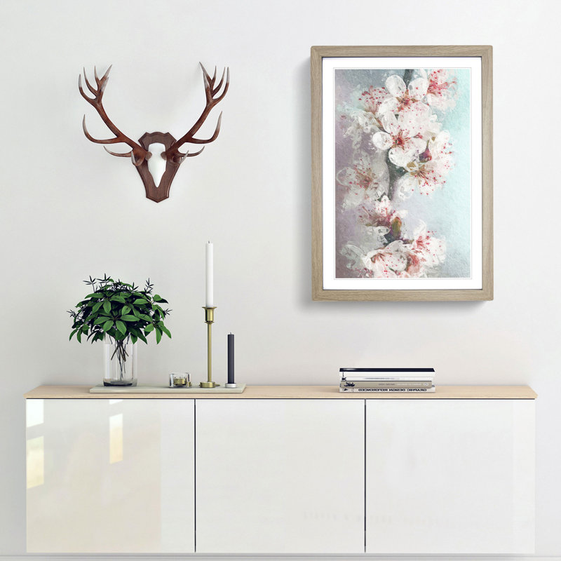 White Blossoms in Abstract - Framed Print, 65cm H x 48cm W x 2cm D, Oak Framed