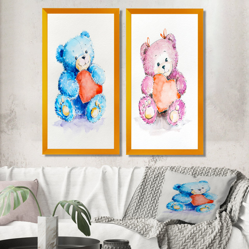 «Happy Valentine Day Cute Teddy», ensemble de 2 reproductions sur toile, H 40 po x l 40 po x P 1 po, Cadre photo doré