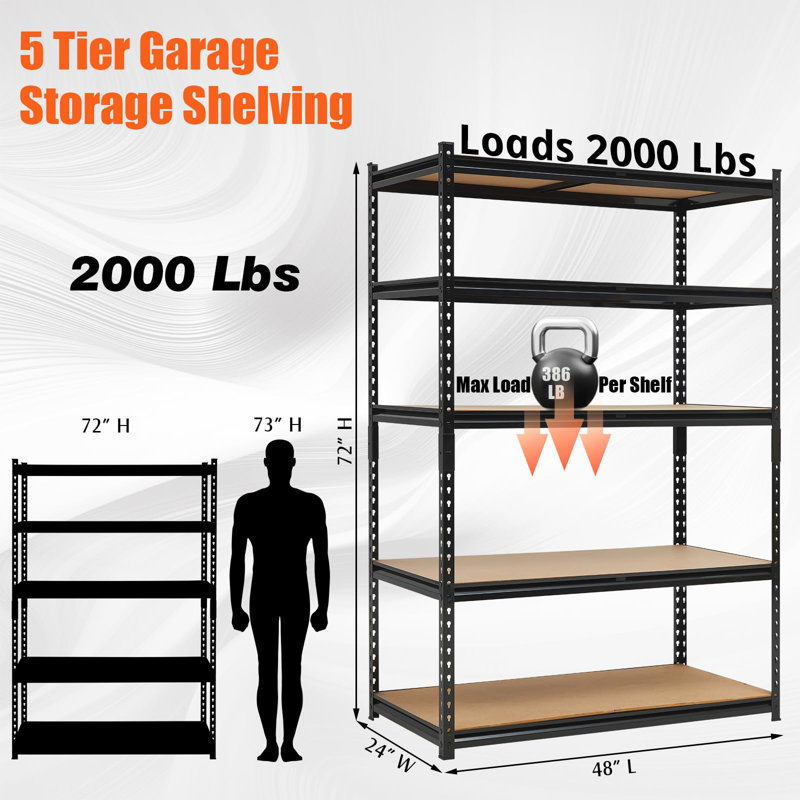Étagère de garage robuste à 5 niveaux, support de rangement réglable en métal, tablette utilitaire d'une capacité de 2000 lb, 48 x 24 x 72 po