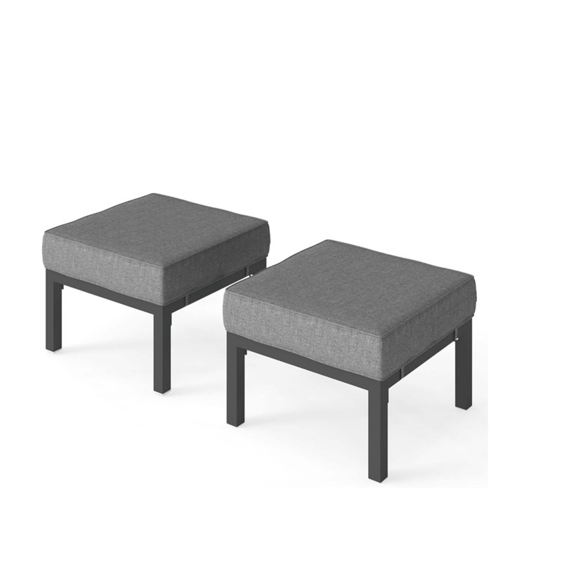 Set Of 2 24" Aluminum Patio Ottomans With Dark Gray Cushions, All-Weather Footrests