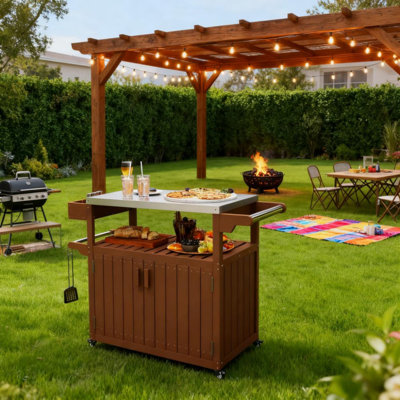 Convenient Outdoor Table Top,Outdoor Bar Cart with Storage,Wheeled Kitchen Island for Food Prep