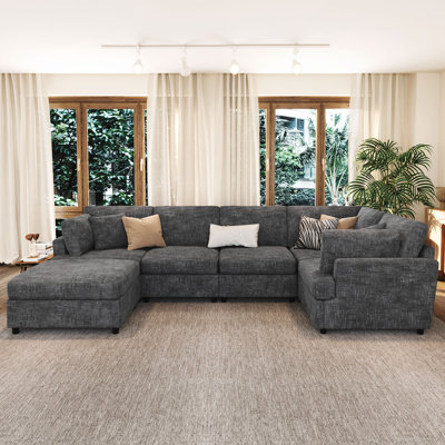 127" U-Shaped Sectional Sofa With Movable Ottoman, 6-Piece Chenille Fabric Sofa Set, Convertible Modular Corner Couch With Sturdy Pine Wood Frame
