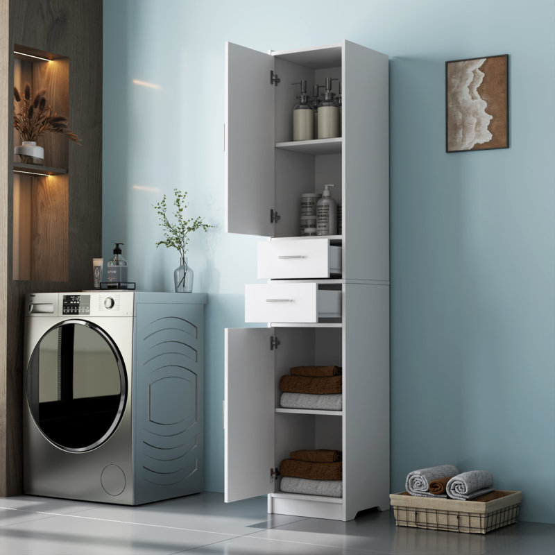 Armoire de rangement pour salle de bain de 70,87 po de hauteur avec 2 portes et 2 tiroirs, unité de rangement étroite, tablettes réglables, armoire de plancher pour salle de bain, salon, entrée, cuisine, blanc
