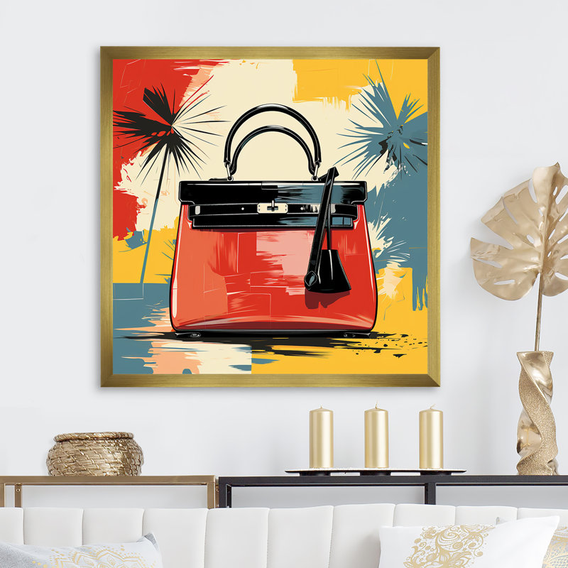 Sac à main rouge et jaune Silhouette, Cadre doré simple, H 16 po x l 16 po x P 1 po