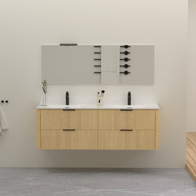 Meuble-lavabo mural 60 po en bois massif avec double lavabo et dosseret en acrylique