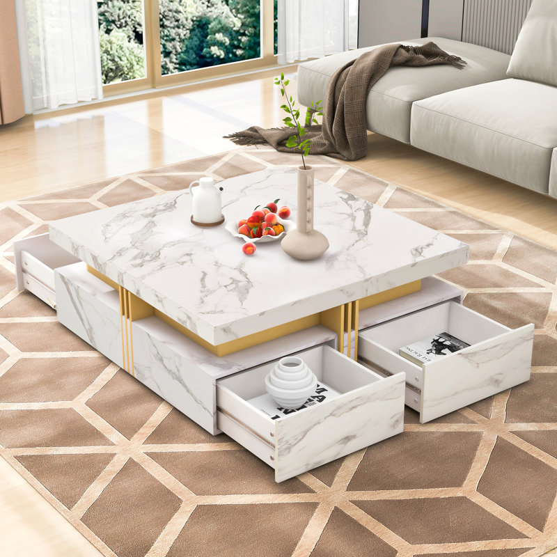 Table basse carrée avec rangement à 4 tiroirs, Blanc