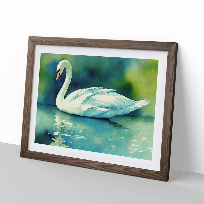 Swan Watercolour Vol.5 - Single Picture Frame Painting, 25cm H x 34cm W x 2cm D, Walnut