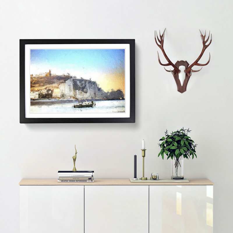 Boat Passing Beachy Head Cliffs Eastbourne - Picture Frame Painting Print, 27cm H x 36cm W x 2cm D, Black Framed