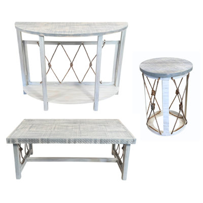 Ensemble de table en corde nouée patinée avec plateau de table Rough Sawn Tops. 1 table de canapé ronde, 1 table basse rectangulaire, 2 tables de bout cylindriques en fer