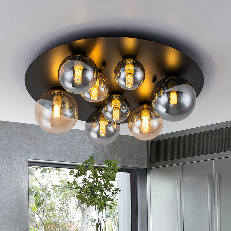 Plafonnier encastré moderne 8 lumières avec globes en verre dégradé bicolore, base en métal noir mat, applique murale convertible pour le couloir de la chambre à coucher du salon, homologué UL, l 18,9 po