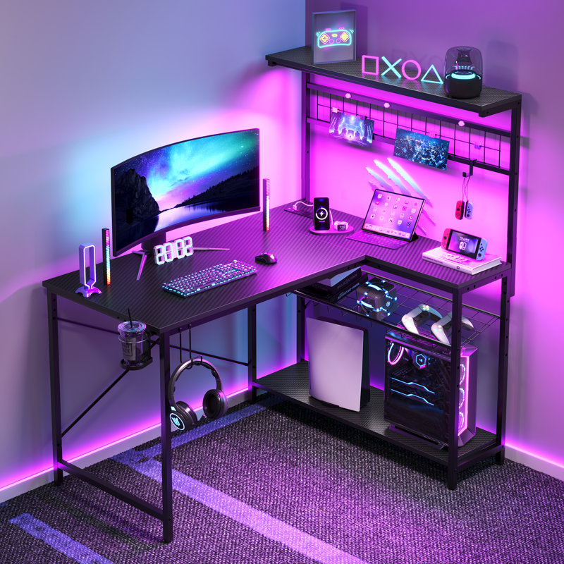 Zabarskaya Gaming Desk, Computer Desk with Power Outlets, LED Lights, Reversible Corner Desk with 4-Tier Shelves,Cup Holder & Hook Carbon Fiber
