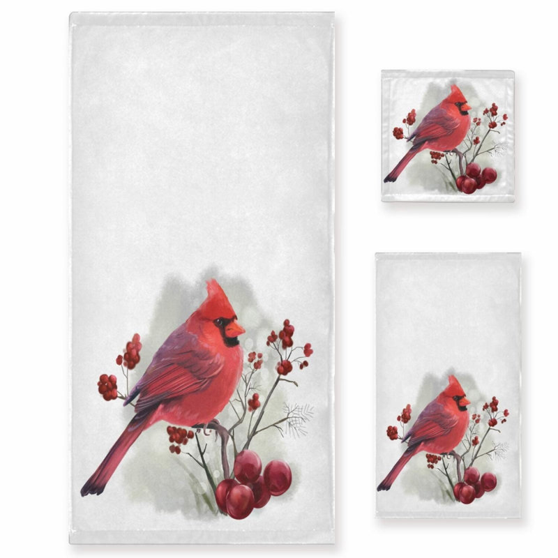Elegant Berry Branch Cardinal 3-Piece Luxury Towel Set - Bath, Hand, Washcloth - Perfect for Bathroom, Hotel, Gym, Spa, and Kitchen Decor